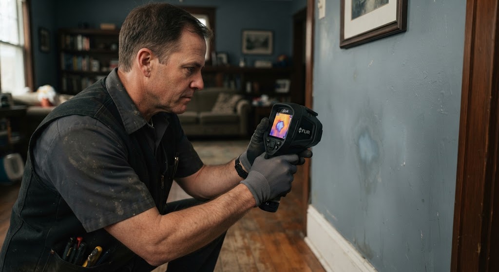 water leak detection Freehold Township NJ specialist scanning interior wall with thermal camera