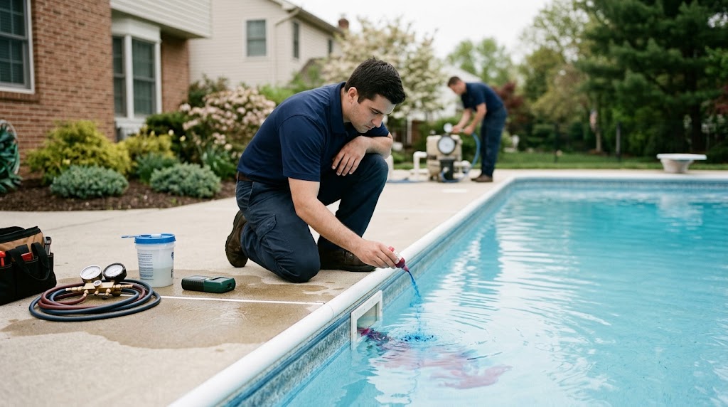 pool leak detection Freehold Township NJ technician performing precision dye test on swimming pool skimmer