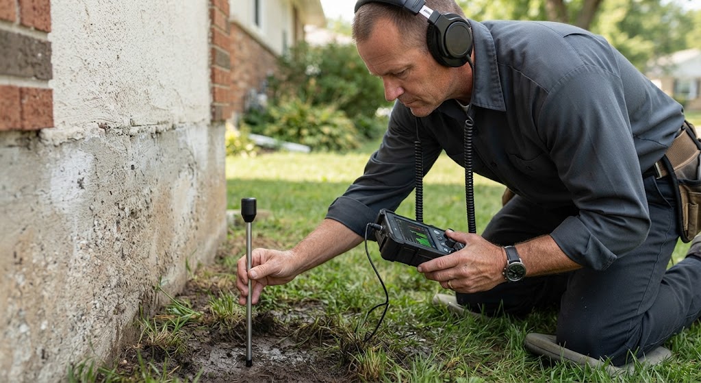 slab leak detection Freehold Township NJ technician using ground microphone on concrete foundation